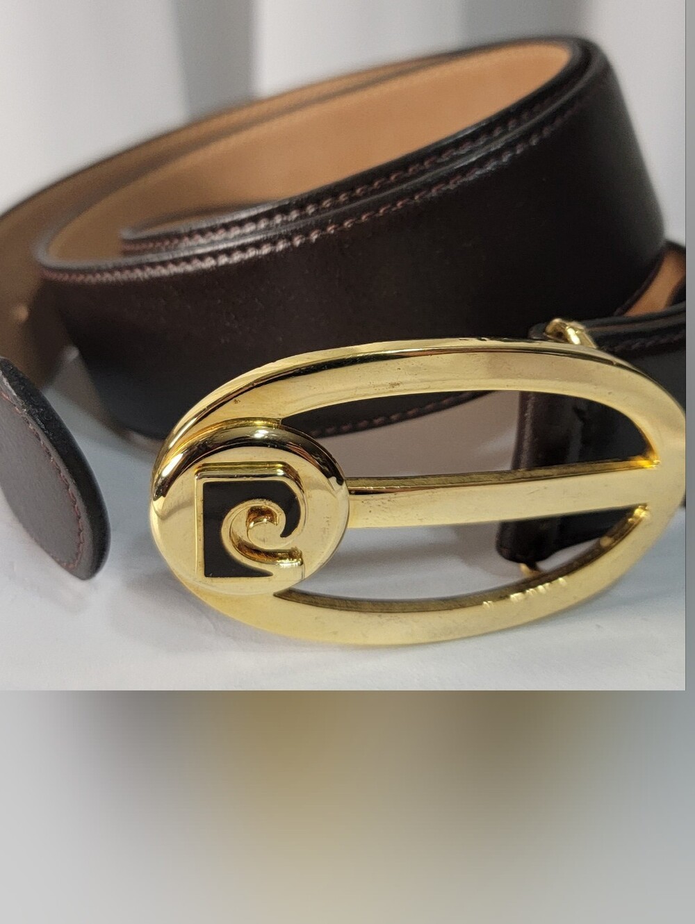 PIERRE CARDIN Gold Oval Statement Belt with Dark Brown Leather Made In Italy